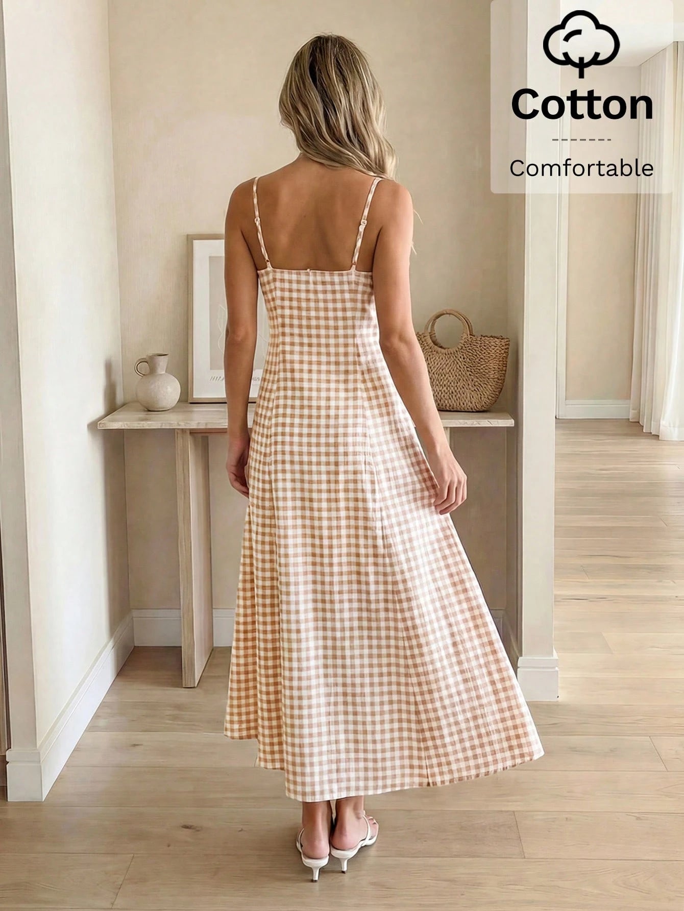 LUNE Women's Plaid Casual Minimalist Maxi Cami Dress, Suitable For Dates And Parties Summer Dresses For Women Picnic Dress For Women Long Casual Dresses For Woman Vacation Outfits Women Dress Cr