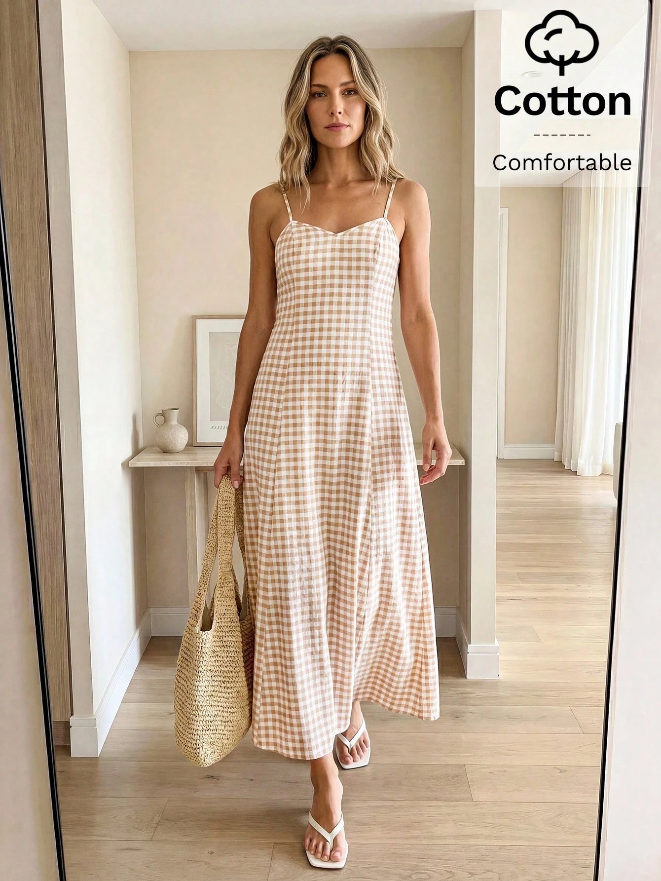 LUNE Women's Plaid Casual Minimalist Maxi Cami Dress, Suitable For Dates And Parties Summer Dresses For Women Picnic Dress For Women Long Casual Dresses For Woman Vacation Outfits Women Dress Cr
