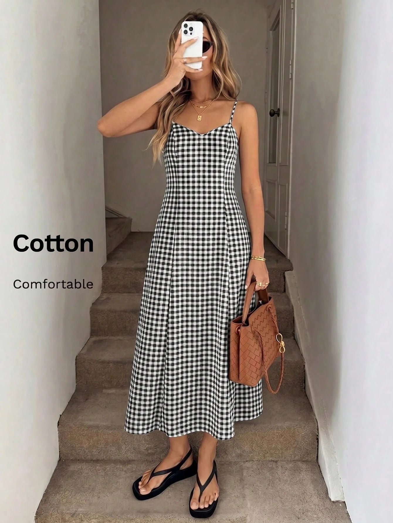 LUNE Women's Plaid Casual Minimalist Maxi Cami Dress, Suitable For Dates And Parties Summer Dresses For Women Picnic Dress For Women Long Casual Dresses For Woman Vacation Outfits Women Dress Cr