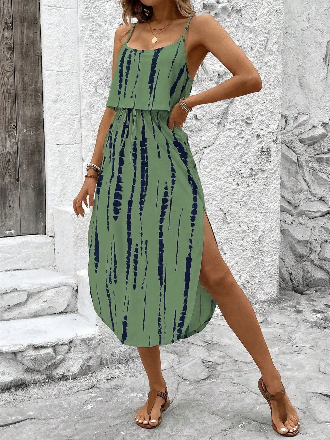 LUNE Women's Summer Skin-Friendly Tie-Dye Cinched Waist Slit Camisole Dress Resort Wear Women Vacation Casual Dresses Holiday Spring Outfit For Boho