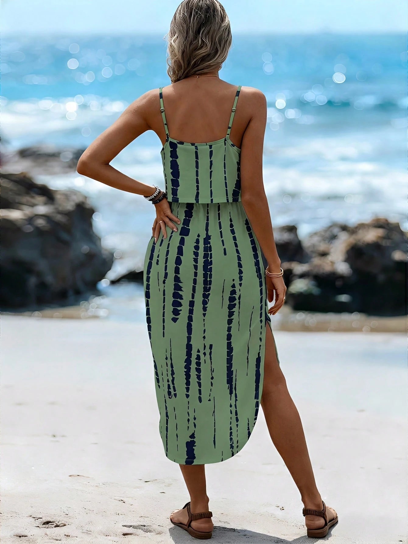 LUNE Women's Summer Skin-Friendly Tie-Dye Cinched Waist Slit Camisole Dress Resort Wear Women Vacation Casual Dresses Holiday Spring Outfit For Boho