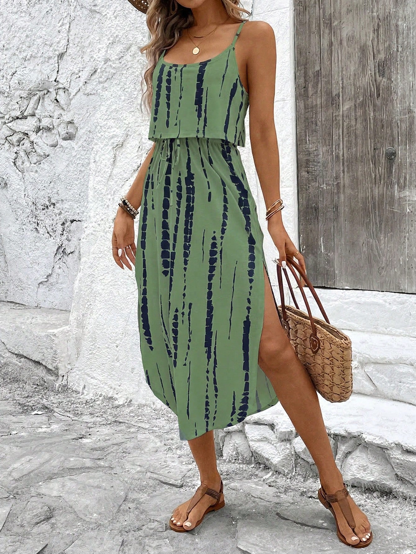 LUNE Women's Summer Skin-Friendly Tie-Dye Cinched Waist Slit Camisole Dress Resort Wear Women Vacation Casual Dresses Holiday Spring Outfit For Boho