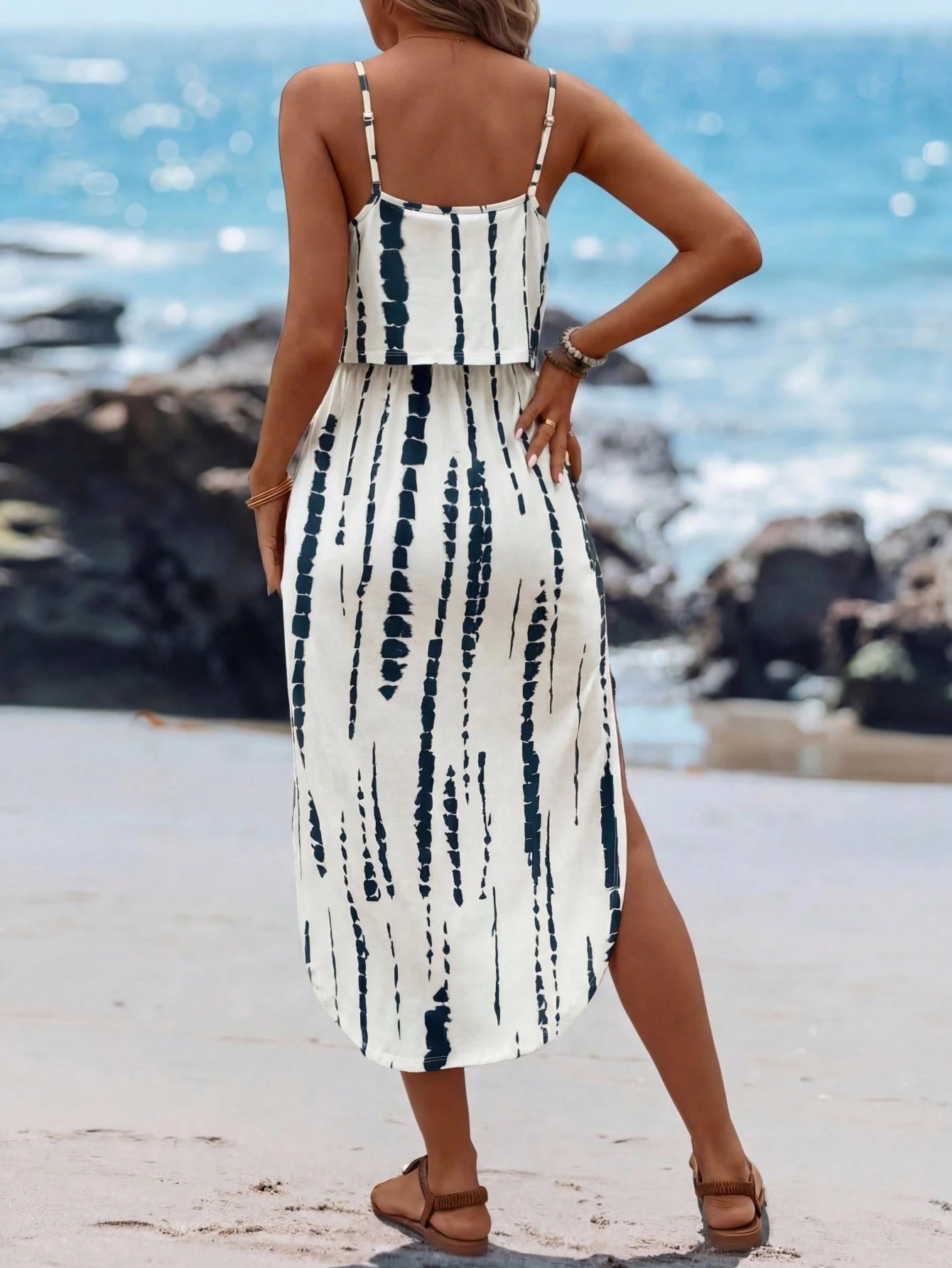 LUNE Women's Summer Skin-Friendly Tie-Dye Cinched Waist Slit Camisole Dress Resort Wear Women Vacation Casual Dresses Holiday Spring Outfit For Boho