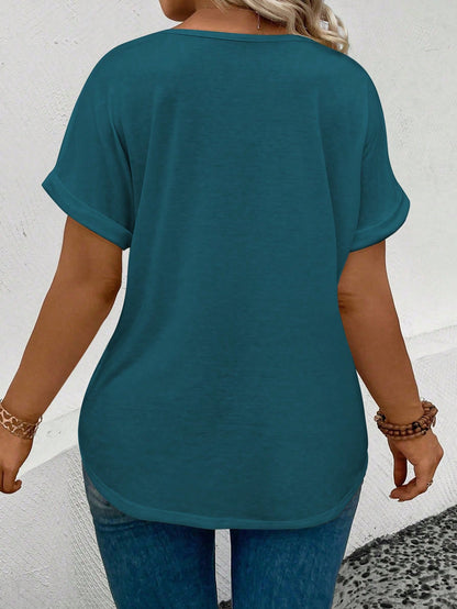 LUNE Women's V-Neck Cuffed Sleeve, Ombre Heart Print Casual Versatile T-Shirt, Spring/Summer