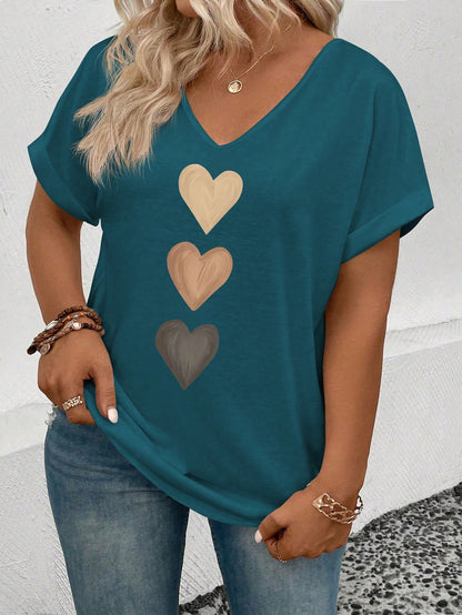 LUNE Women's V-Neck Cuffed Sleeve, Ombre Heart Print Casual Versatile T-Shirt, Spring/Summer