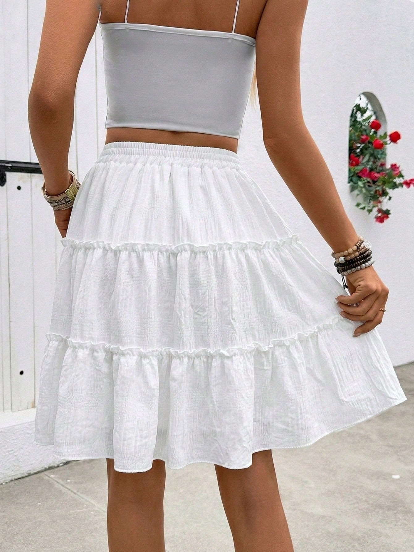 LUNE Women's White Summer Casual Boho Vacation Holiday Textured Fabric Ruffle Hem A-Line Skirt, Fashionable Tea Party