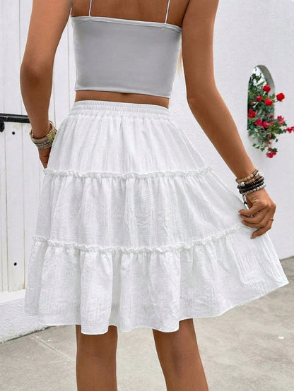 LUNE Women's White Summer Casual Boho Vacation Holiday Textured Fabric Ruffle Hem A-Line Skirt, Fashionable Tea Party