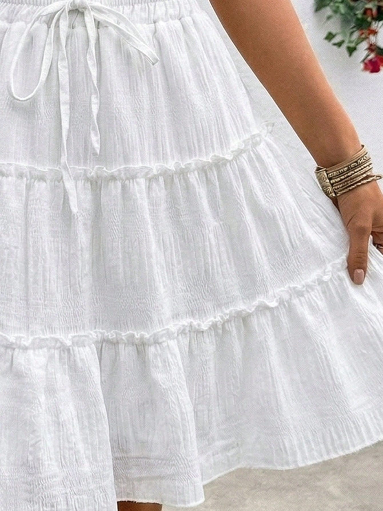 LUNE Women's White Summer Casual Boho Vacation Holiday Textured Fabric Ruffle Hem A-Line Skirt, Fashionable Tea Party