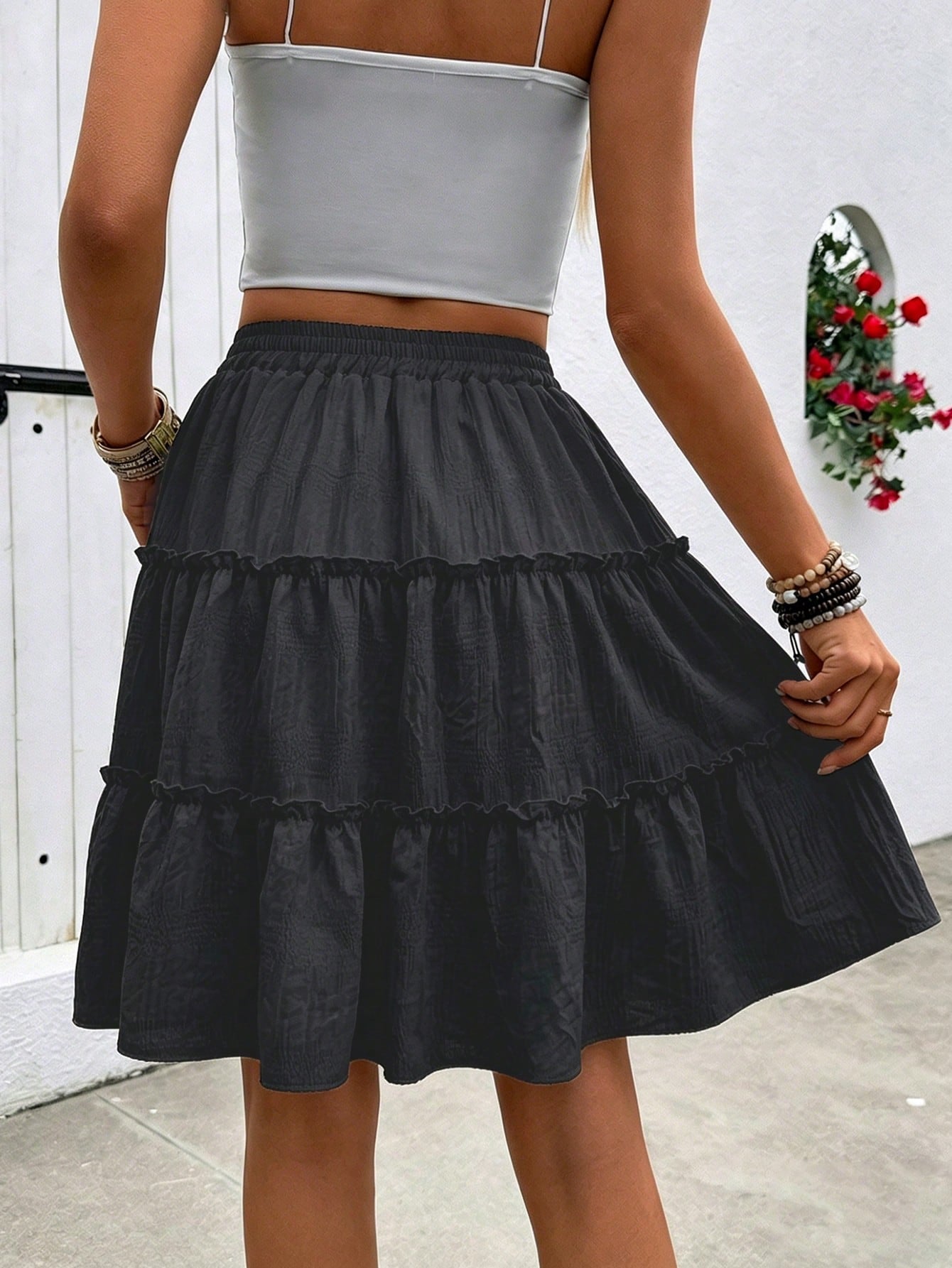 LUNE Women's White Summer Casual Boho Vacation Holiday Textured Fabric Ruffle Hem A-Line Skirt, Fashionable Tea Party