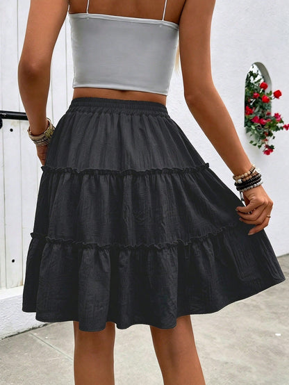 LUNE Women's White Summer Casual Boho Vacation Holiday Textured Fabric Ruffle Hem A-Line Skirt, Fashionable Tea Party