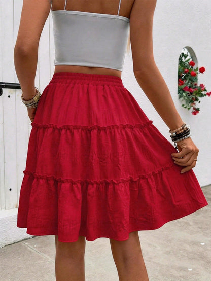 LUNE Women's White Summer Casual Boho Vacation Holiday Textured Fabric Ruffle Hem A-Line Skirt, Fashionable Tea Party