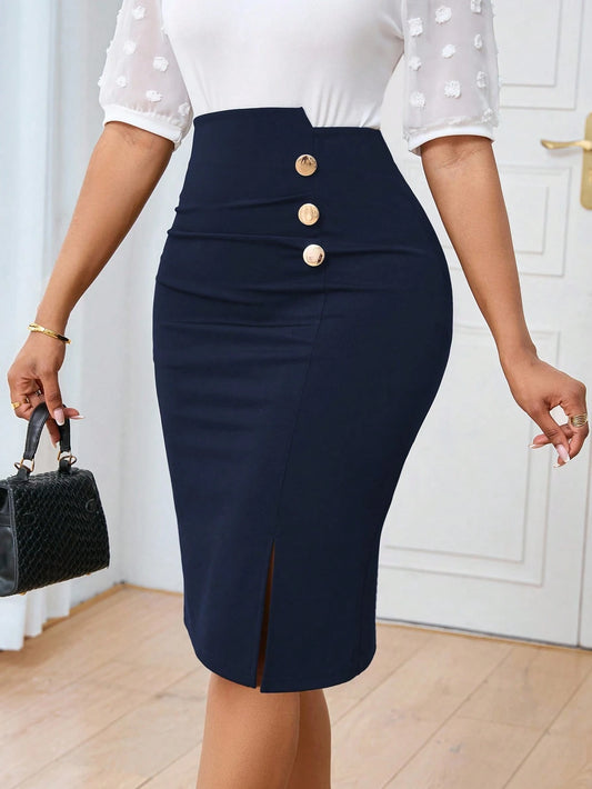 Lunelith Lunessa Women's Commuter Minimalist Asymmetrical High Collar Button Decor Ruffle Slim Fit Pencil Skirt Office Skirt