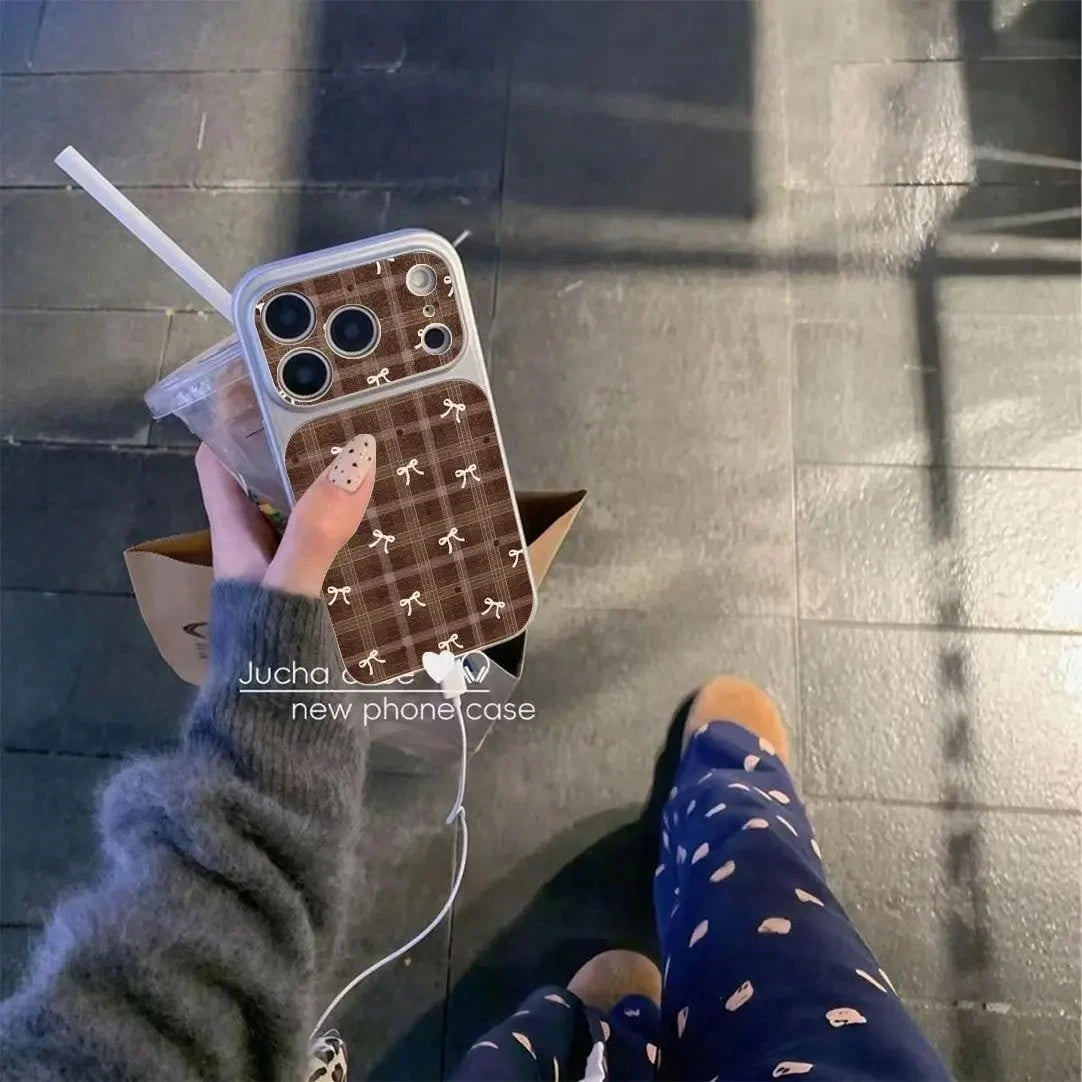 Luxury INS Grid Ripple Point Bow Pattern Leather Phone Case Suitable For IPhone 17 16 15 14 13 Pro Max Protective High-End Cover