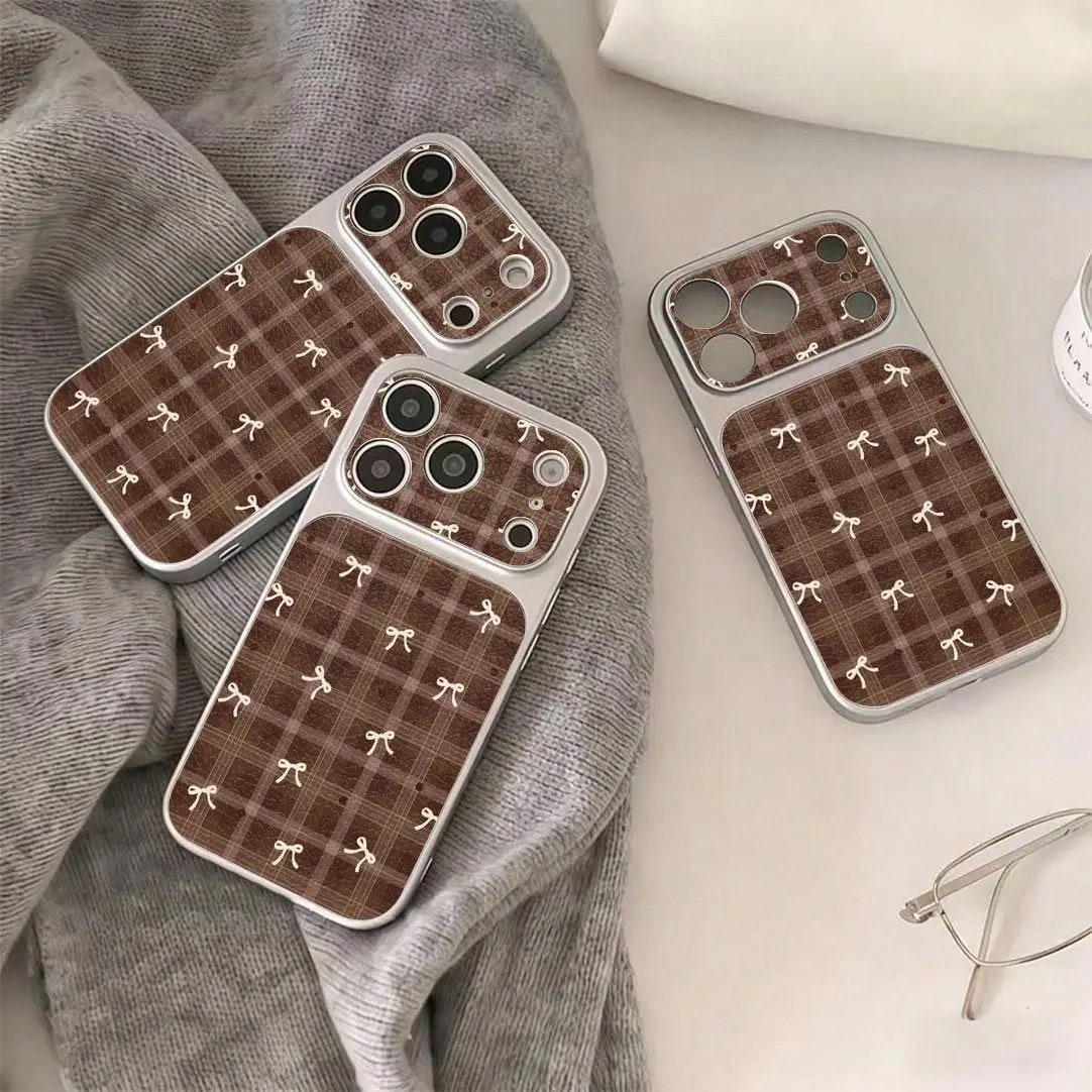 Luxury INS Grid Ripple Point Bow Pattern Leather Phone Case Suitable For IPhone 17 16 15 14 13 Pro Max Protective High-End Cover