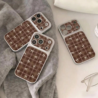 Luxury INS Grid Ripple Point Bow Pattern Leather Phone Case Suitable For IPhone 17 16 15 14 13 Pro Max Protective High-End Cover
