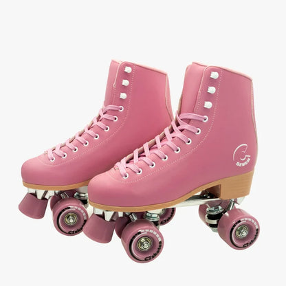 Pink roller skates with pink wheels on a white background