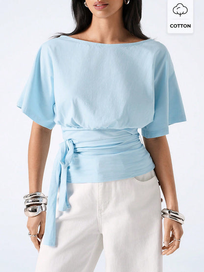 LYSMO Women's Light Blue Summer Casual Brunch T-Shirt,Minimalism Solid Color Knotted Waist Versatile Daily Wear Tops,Elegant Blouses For Holiday