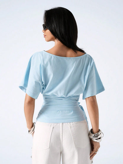 LYSMO Women's Light Blue Summer Casual Brunch T-Shirt,Minimalism Solid Color Knotted Waist Versatile Daily Wear Tops,Elegant Blouses For Holiday