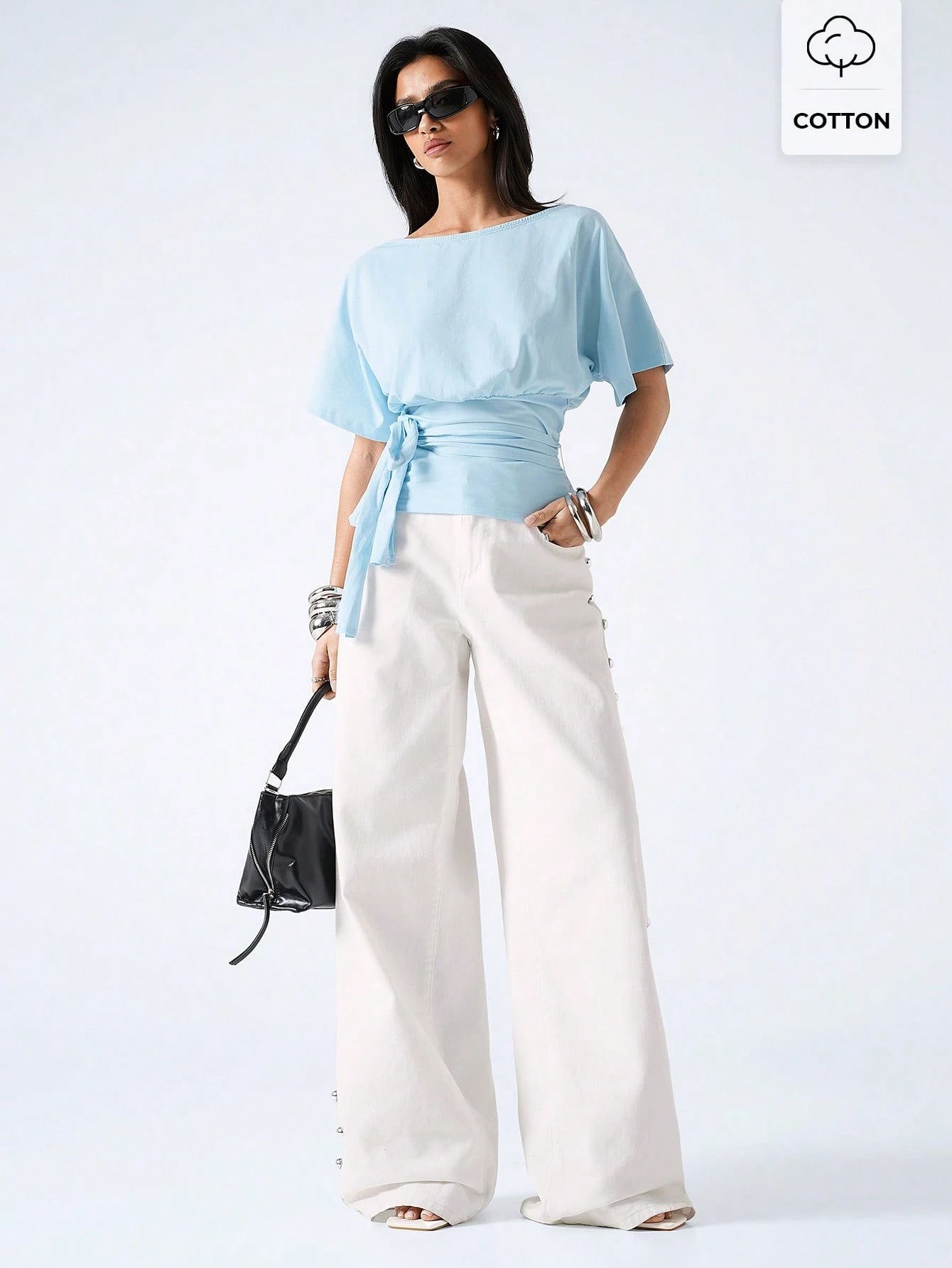 LYSMO Women's Light Blue Summer Casual Brunch T-Shirt,Minimalism Solid Color Knotted Waist Versatile Daily Wear Tops,Elegant Blouses For Holiday