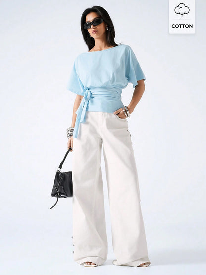 LYSMO Women's Light Blue Summer Casual Brunch T-Shirt,Minimalism Solid Color Knotted Waist Versatile Daily Wear Tops,Elegant Blouses For Holiday