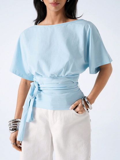 LYSMO Women's Light Blue Summer Casual Brunch T-Shirt,Minimalism Solid Color Knotted Waist Versatile Daily Wear Tops,Elegant Blouses For Holiday