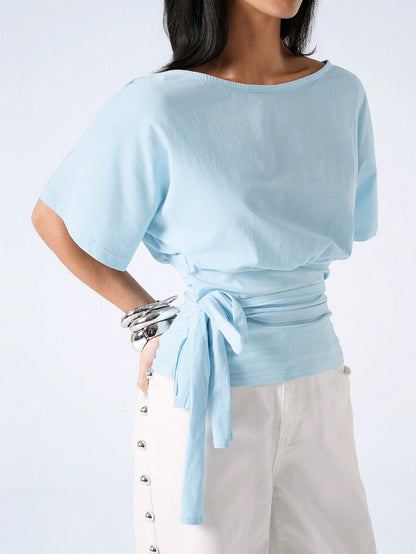 LYSMO Women's Light Blue Summer Casual Brunch T-Shirt,Minimalism Solid Color Knotted Waist Versatile Daily Wear Tops,Elegant Blouses For Holiday