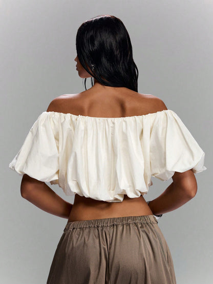 LYSMO Women's Sexy Off-Shoulder Bubble Hem Cropped Top, Minimalist Solid Color, Suitable For Summer Vacation