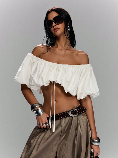 LYSMO Women's Sexy Off-Shoulder Bubble Hem Cropped Top, Minimalist Solid Color, Suitable For Summer Vacation