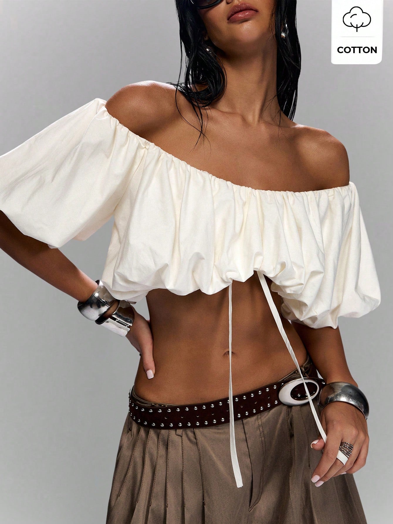 LYSMO Women's Sexy Off-Shoulder Bubble Hem Cropped Top, Minimalist Solid Color, Suitable For Summer Vacation