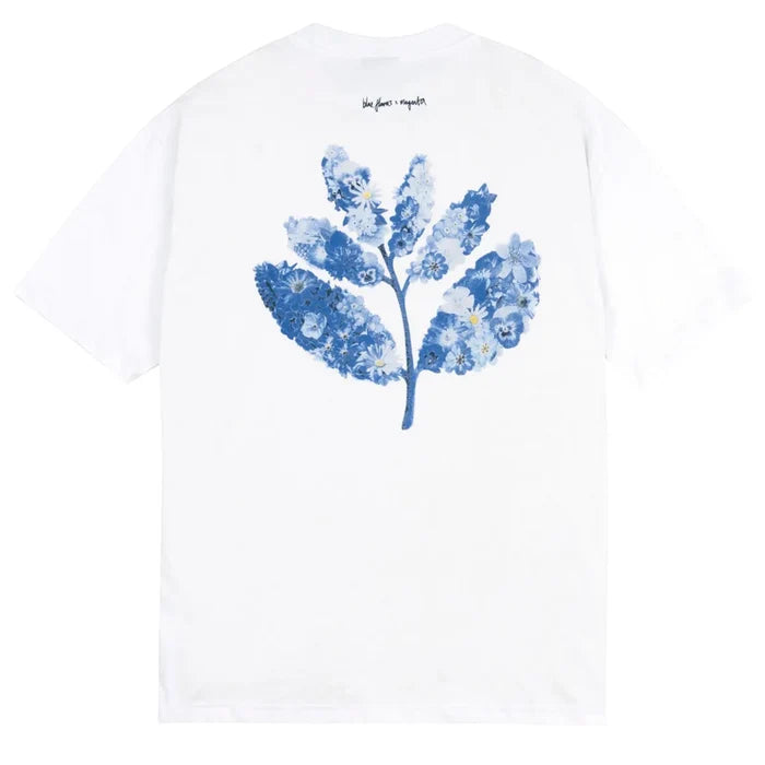 Magenta blue flowers collab tee white