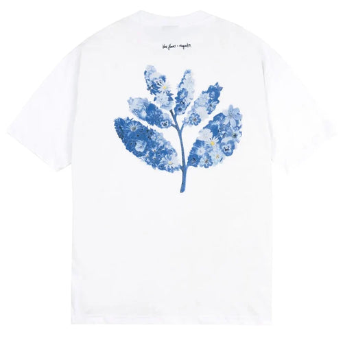 Magenta blue flowers collab tee white