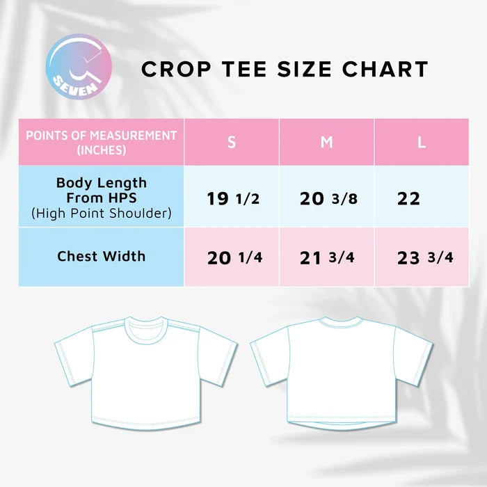 Crop tee size chart with measurements for S, M, and L sizes on a white background.