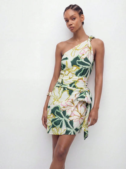 Maija Women's Summer Holiday Floral Print Sleeveless Mini Dress, White Floral Boho Tropical Vacation Cocktail Garden Party Wedding Graduation Elegant Casual