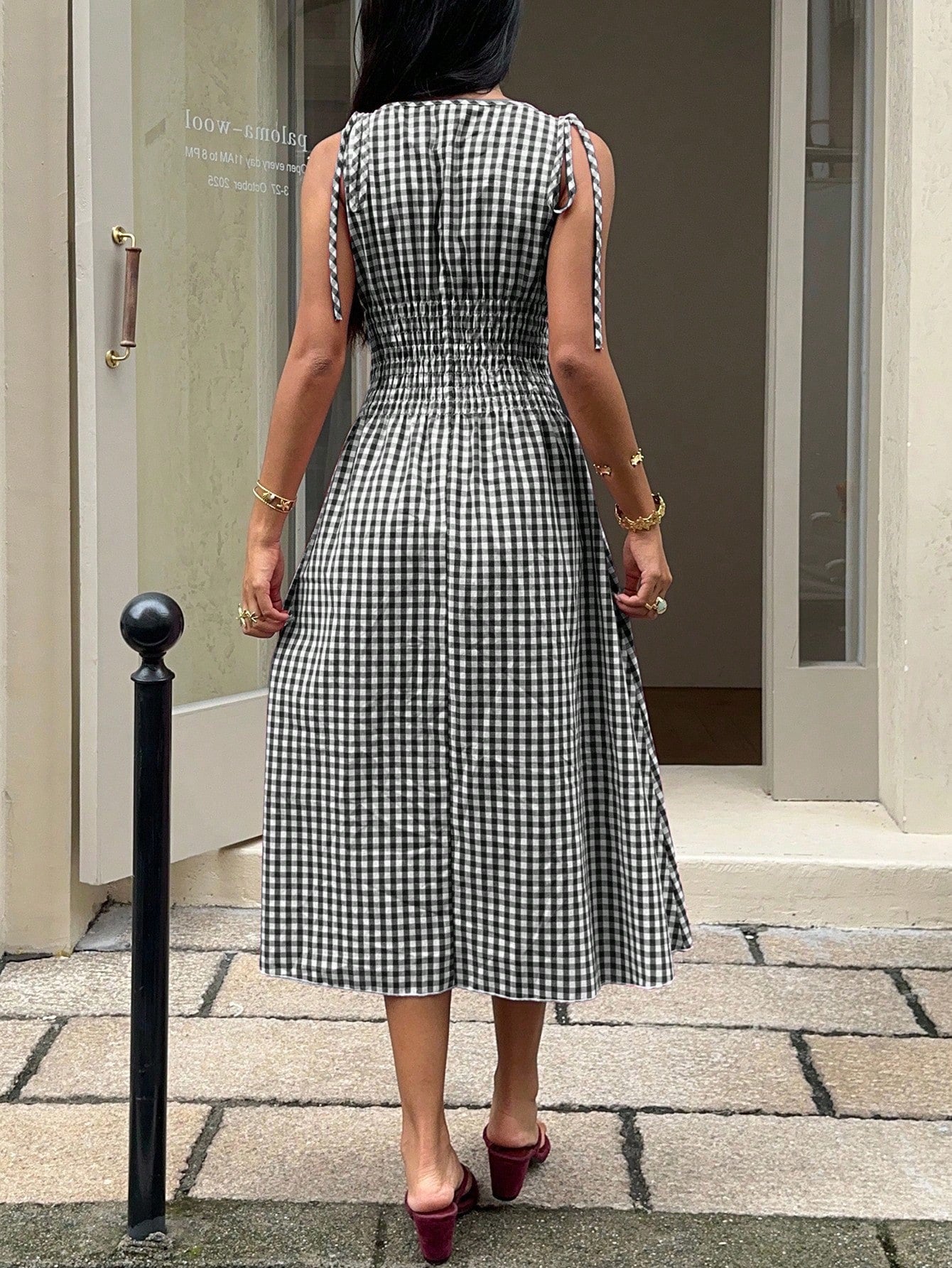 MainGRL Sleeveless Square Neck A-Line Midi Dress For Women,Black And White Checkered Gingham Ruffle Hem Summer Casual Holiday Picnic Vacation Holiday Outfit