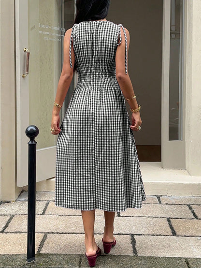 MainGRL Sleeveless Square Neck A-Line Midi Dress For Women,Black And White Checkered Gingham Ruffle Hem Summer Casual Holiday Picnic Vacation Holiday Outfit
