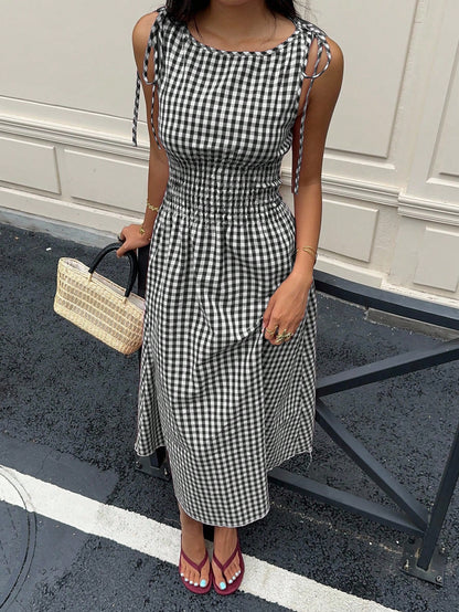 MainGRL Sleeveless Square Neck A-Line Midi Dress For Women,Black And White Checkered Gingham Ruffle Hem Summer Casual Holiday Picnic Vacation Holiday Outfit