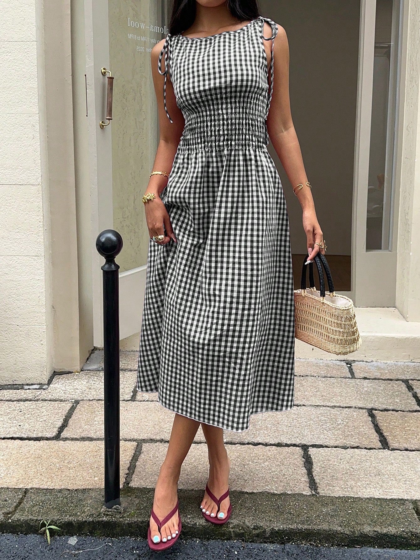 MainGRL Sleeveless Square Neck A-Line Midi Dress For Women,Black And White Checkered Gingham Ruffle Hem Summer Casual Holiday Picnic Vacation Holiday Outfit