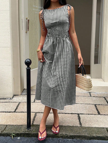 MainGRL Sleeveless Square Neck A-Line Midi Dress For Women,Black And White Checkered Gingham Ruffle Hem Summer Casual Holiday Picnic Vacation Holiday Outfit