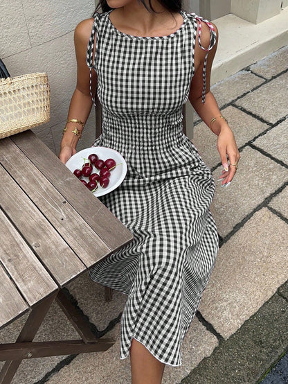 MainGRL Sleeveless Square Neck A-Line Midi Dress For Women,Black And White Checkered Gingham Ruffle Hem Summer Casual Holiday Picnic Vacation Holiday Outfit