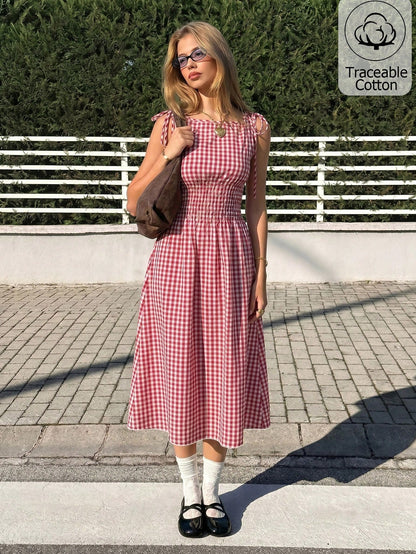MainGRL Sleeveless Square Neck A-Line Midi Dress For Women,Black And White Checkered Gingham Ruffle Hem Summer Casual Holiday Picnic Vacation Holiday Outfit
