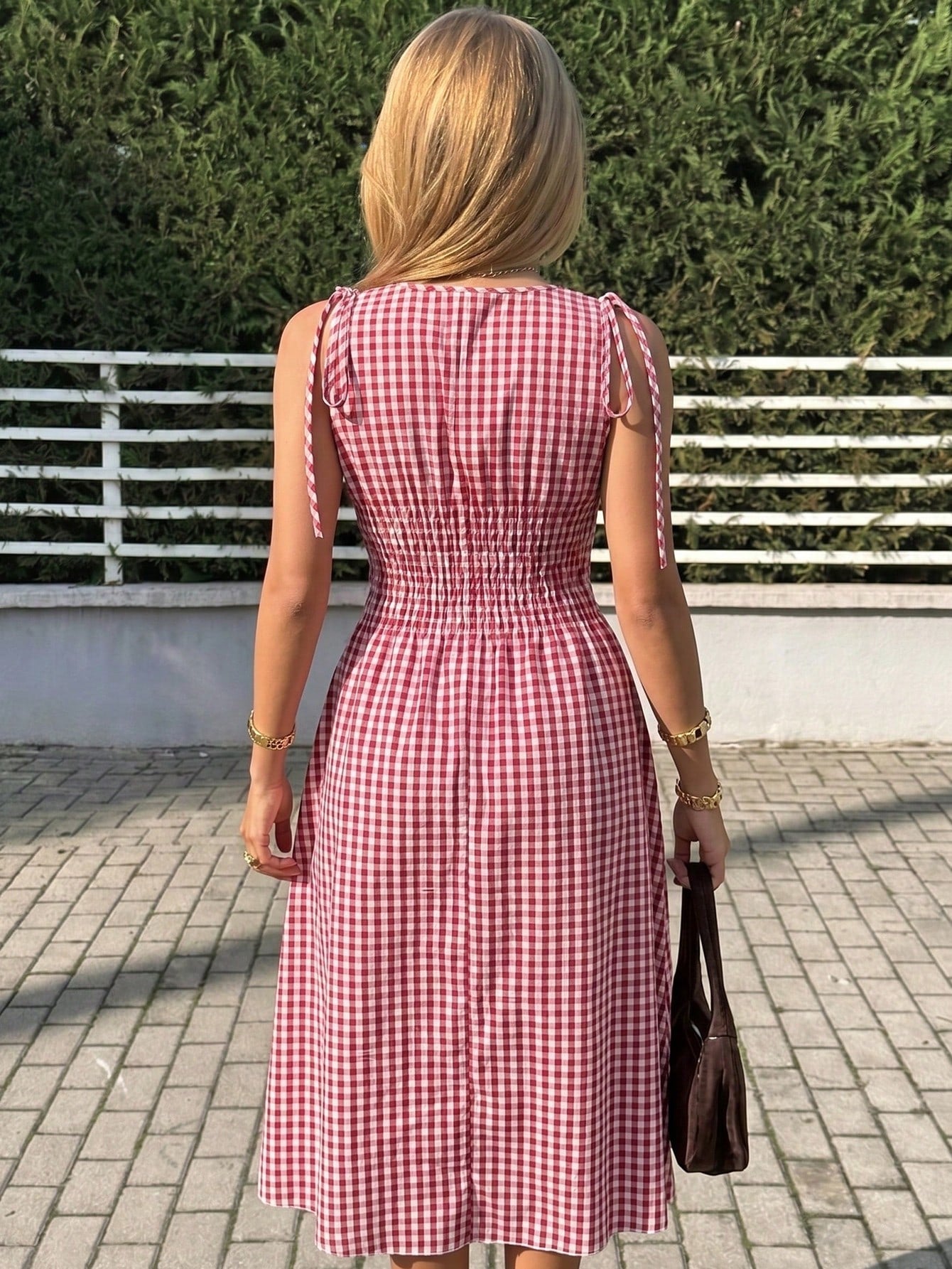 MainGRL Sleeveless Square Neck A-Line Midi Dress For Women,Black And White Checkered Gingham Ruffle Hem Summer Casual Holiday Picnic Vacation Holiday Outfit