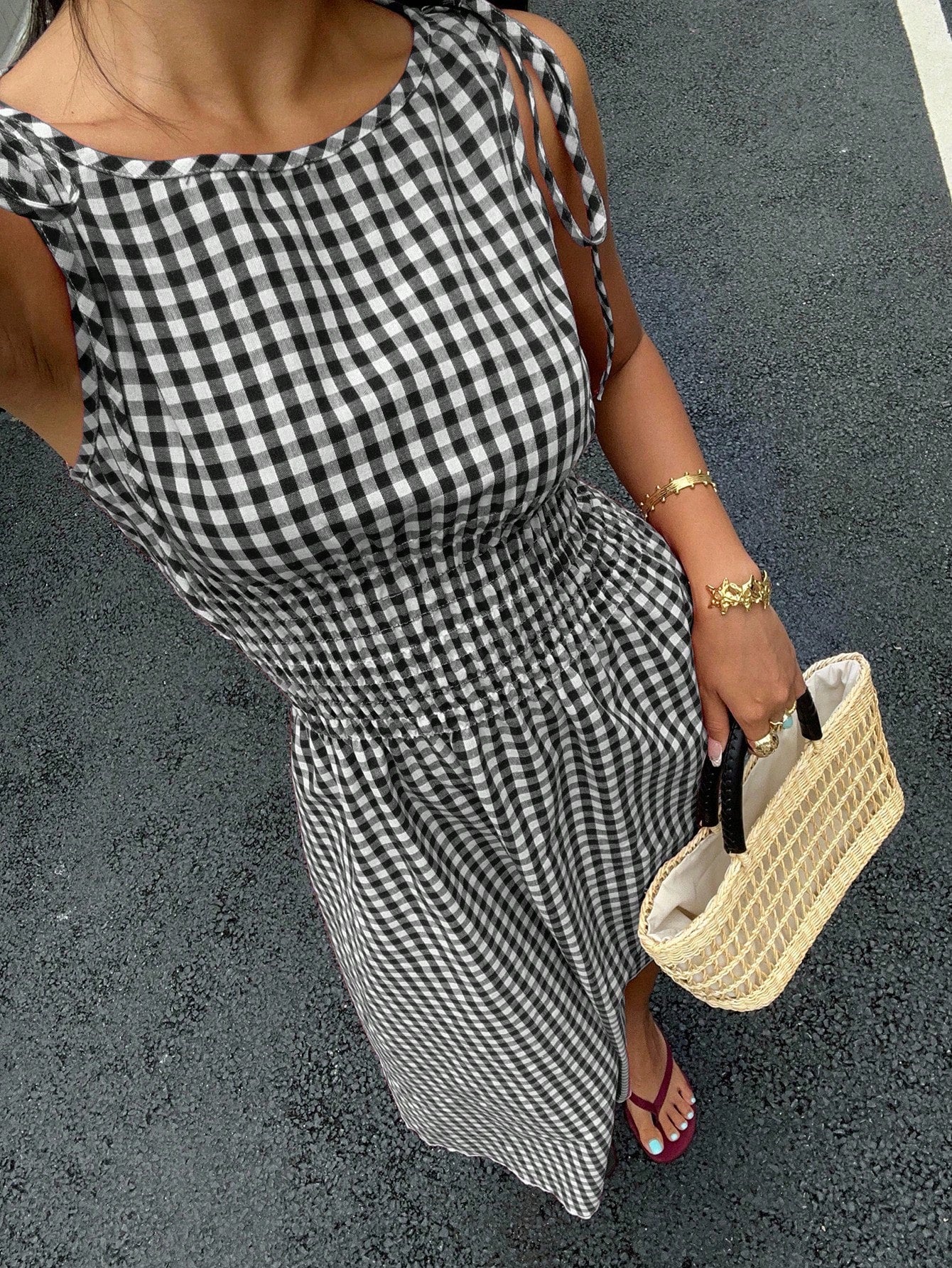 MainGRL Sleeveless Square Neck A-Line Midi Dress For Women,Black And White Checkered Gingham Ruffle Hem Summer Casual Holiday Picnic Vacation Holiday Outfit