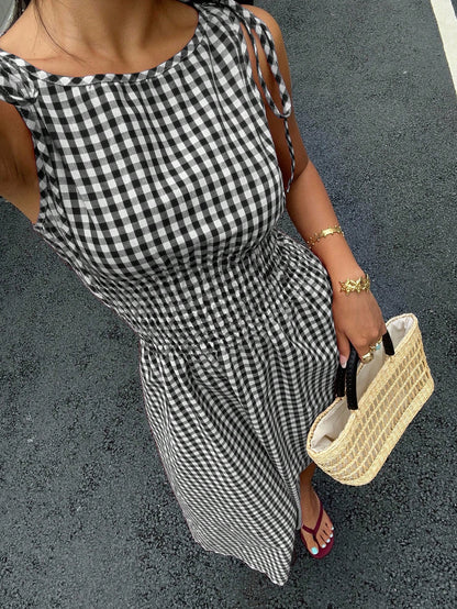 MainGRL Sleeveless Square Neck A-Line Midi Dress For Women,Black And White Checkered Gingham Ruffle Hem Summer Casual Holiday Picnic Vacation Holiday Outfit