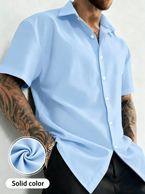 Manfinity Dauomo Men's Solid Color Button-Front Short Sleeve Shirt, Summer