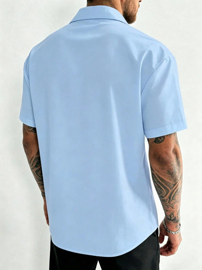 Manfinity Dauomo Men's Solid Color Button-Front Short Sleeve Shirt, Summer