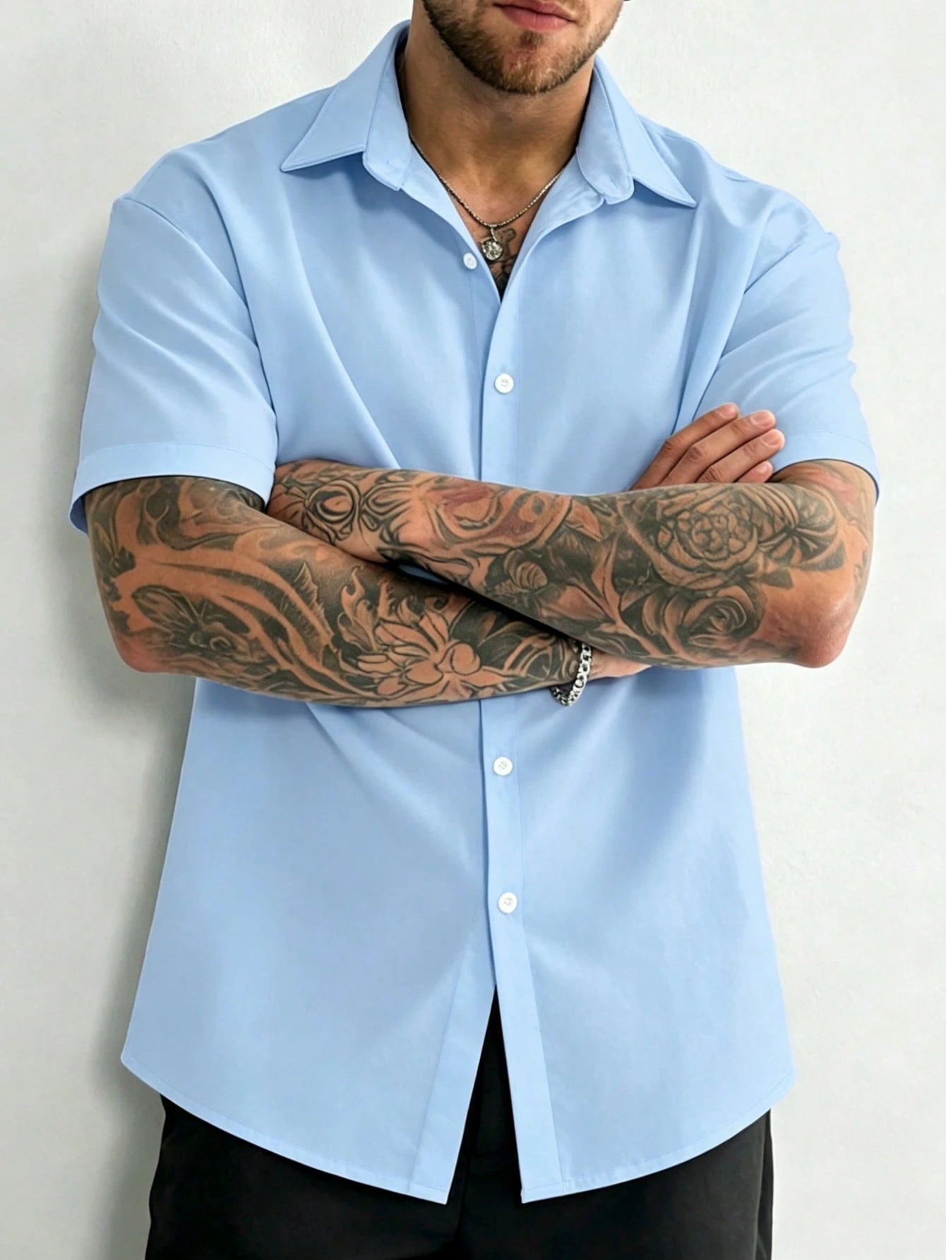 Manfinity Dauomo Men's Solid Color Button-Front Short Sleeve Shirt, Summer