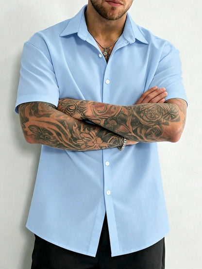 Manfinity Dauomo Men's Solid Color Button-Front Short Sleeve Shirt, Summer