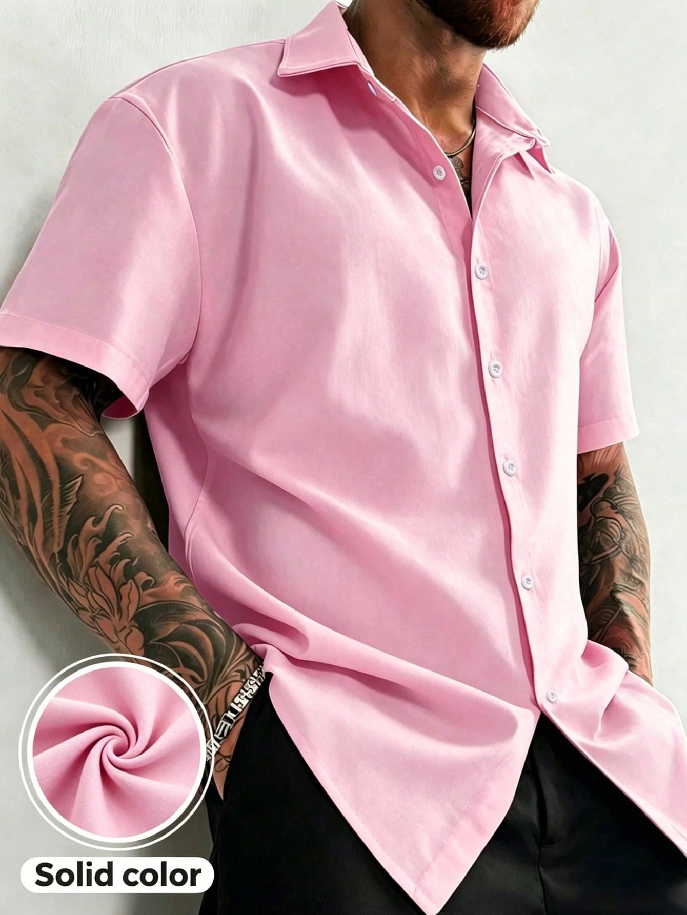 Manfinity Dauomo Men's Solid Color Button-Front Short Sleeve Shirt, Summer