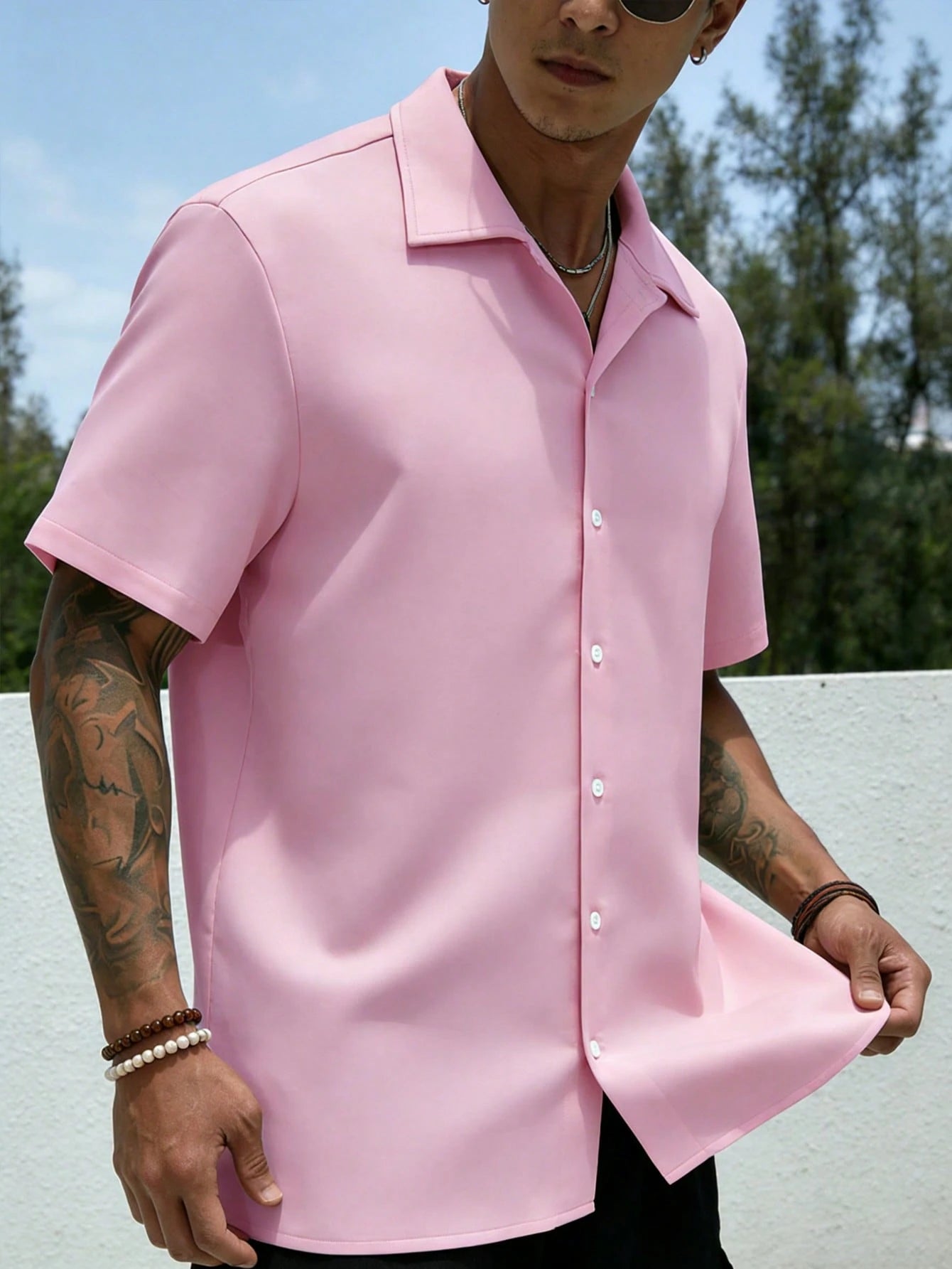 Manfinity Dauomo Men's Solid Color Button-Front Short Sleeve Shirt, Summer