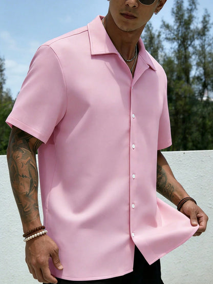 Manfinity Dauomo Men's Solid Color Button-Front Short Sleeve Shirt, Summer